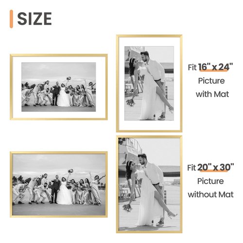 upsimples 20x30 Poster Frame, Display Pictures 16x24 with Mat or 20x30 Without Mat, Wall Hanging Picture Frame, Gold, 1 Pack