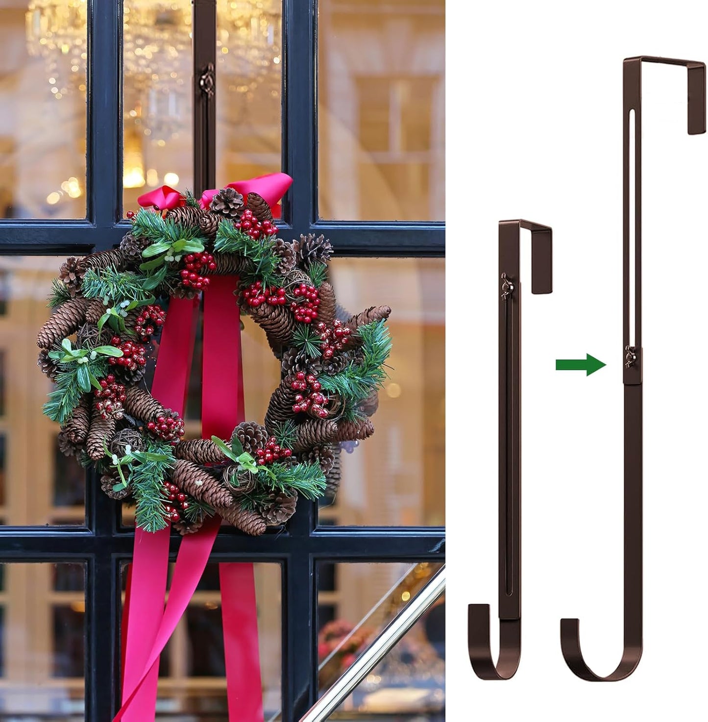 Skiennix Adjustable Metal Wreath Hanger - Holds Up to 20lbs | 12-20" Over The Door Hook for All Seasons (Bronze)