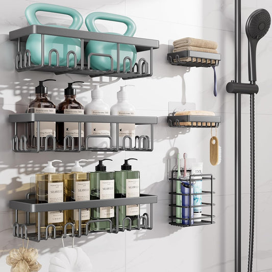 Veken Shower Caddy - Rustproof & Waterproof 6-Pack | No Drilling Adhesive Shelves, Large Capacity Storage, Dark Grey