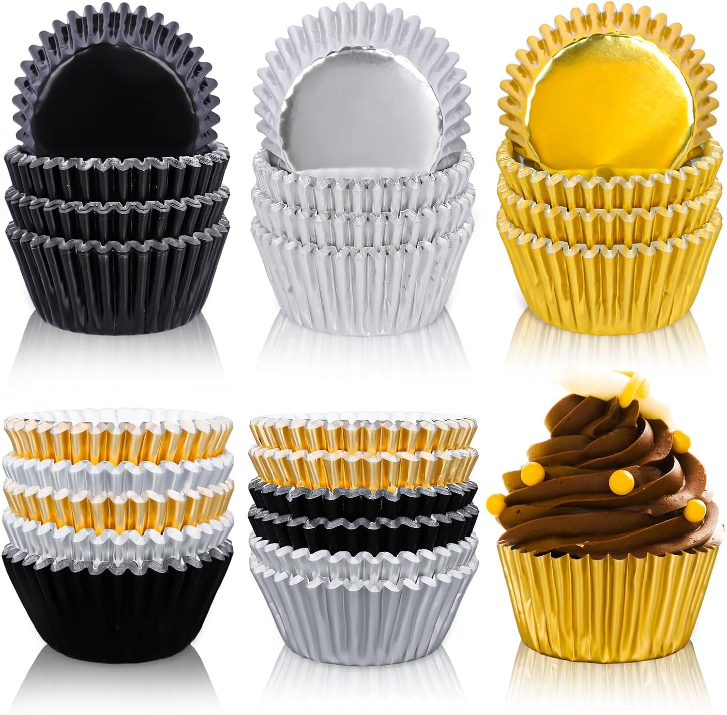 Whaline Graduation Foil Cupcake Liners - 300 Pcs Black, Silver & Gold Metallic Baking Cups for Parties