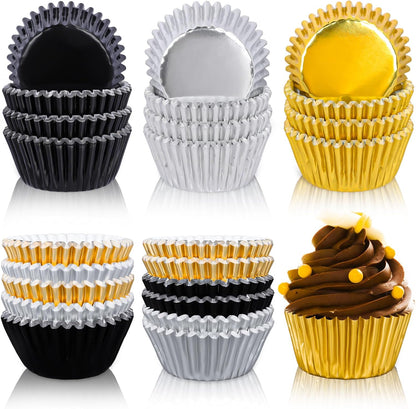 Whaline Graduation Foil Cupcake Liners - 300 Pcs Black, Silver & Gold Metallic Baking Cups for Parties