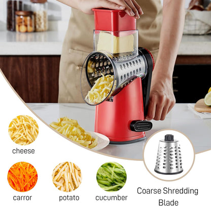 Rotary Cheese Grater by [Brand Name] - Large Hand Crank with 4 Blades & Suction Base | Red & Black