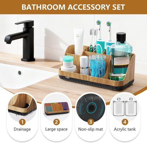 GFWARE Bathroom Toothbrush Holder Set - 2-Pack Qtip Dispenser with Drainage | 7 Slots for Kids' Bathroom
