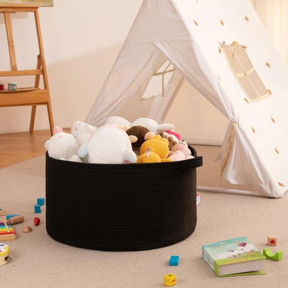 OIAHOMY 90L Blanket Basket for Living Room, Large Basket 23" x 23" x 13" with Handle, Laundry Hamper for Blankets, Pillows, Toy Storage for Kids, Dogs - Black