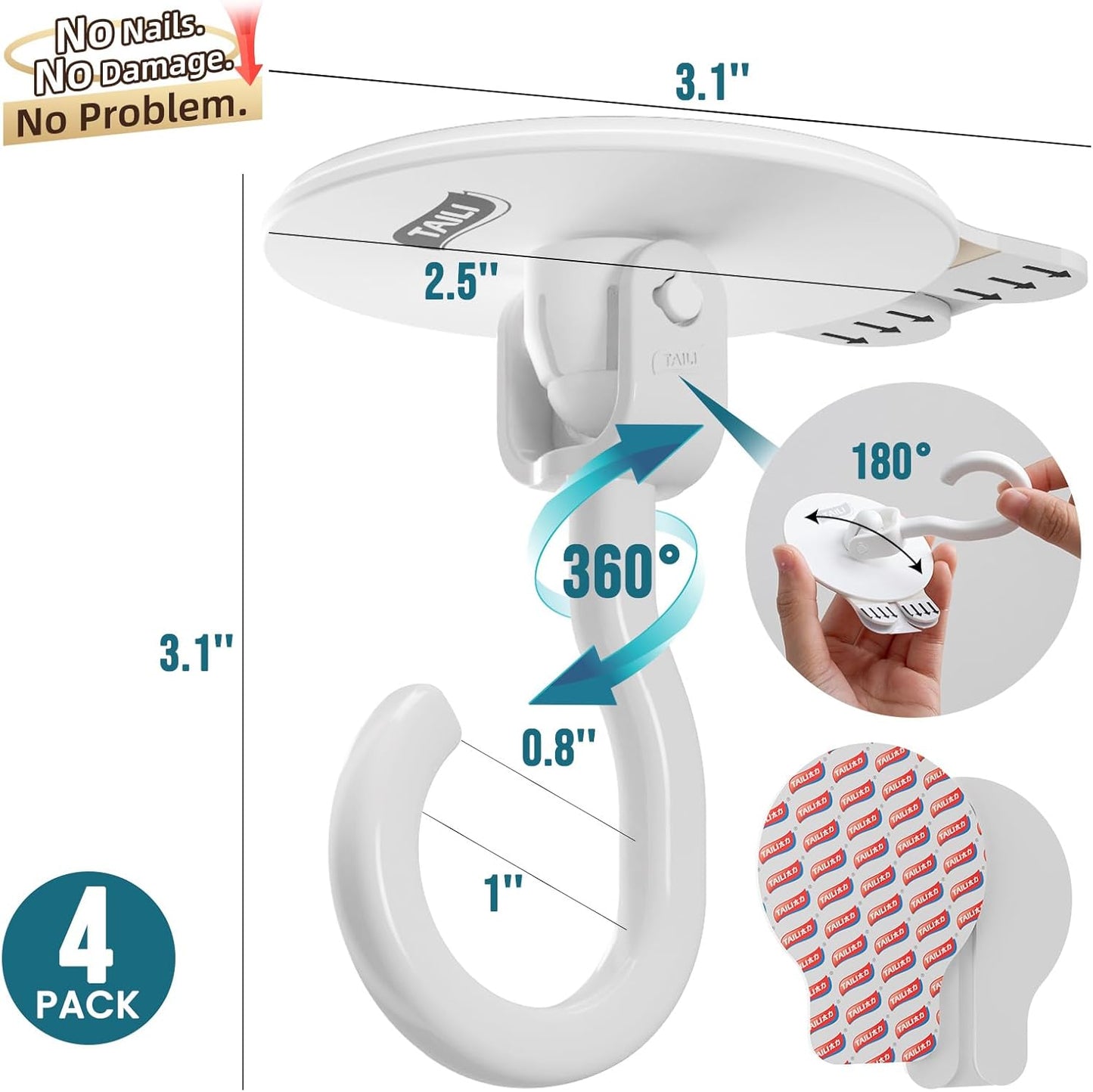 TAILI Heavy-Duty Adhesive Ceiling Hooks - No-Drill Removable Wall Hooks for Plants & Lights | 4 Pack White