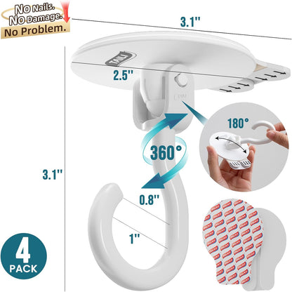 TAILI Heavy-Duty Adhesive Ceiling Hooks - No-Drill Removable Wall Hooks for Plants & Lights | 4 Pack White