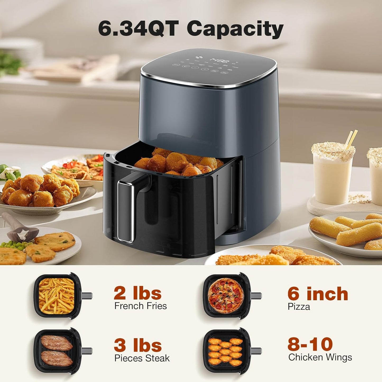 Sweetcrispy Air Fryer 6QT - 12-in-1 Square Oven with Window & Easy-Clean Basket | 400°F Rapid Air Technology, Grey