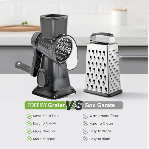 Cheese Grater - Hand Crank Rotary Vegetable Shredder with 3-in-1 Interchangeable Blades | Non-Slip Base