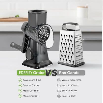 Cheese Grater - Hand Crank Rotary Vegetable Shredder with 3-in-1 Interchangeable Blades | Non-Slip Base
