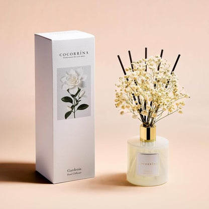 COCORRÍNA Reed Diffuser - Gardenia Scented 6.7 Fl. Oz Set with Sticks & Preserved Baby's Breath | Home Decor