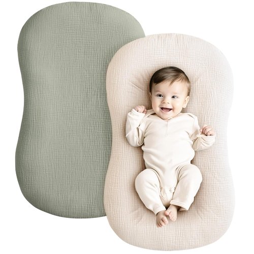 Konssy Muslin Baby Lounger Cover - 100% Cotton, Soft & Breathable for Newborns | 2 Pack in Fog Green & Cream