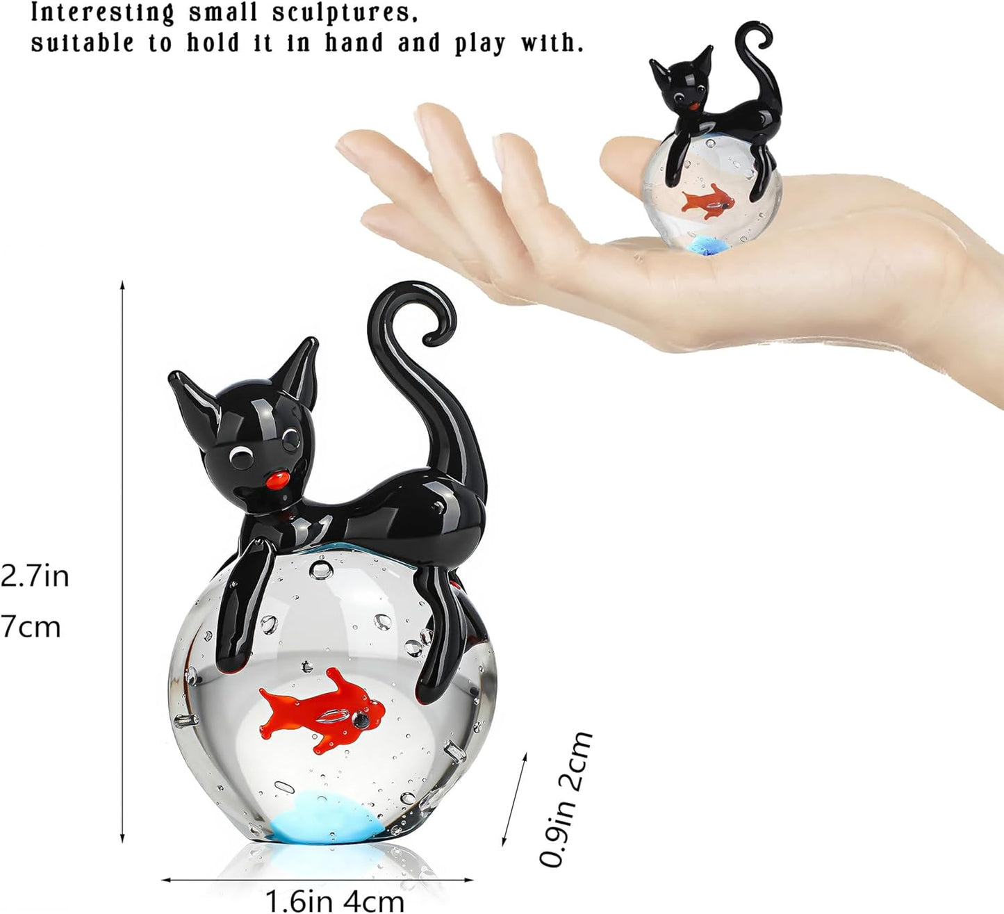 QFkris Blown Glass Black Cat Figurine - 1.6" Mini Glass Animal Sculpture | Unique Home Decor Gift for Cat Lovers