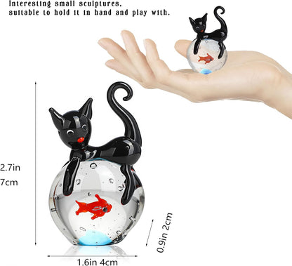 QFkris Blown Glass Black Cat Figurine - 1.6" Mini Glass Animal Sculpture | Unique Home Decor Gift for Cat Lovers