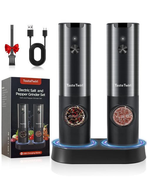 Electric Salt and Pepper Grinder Set, Upgraded USB Rechargeable Stand, Automatic Salt and Pepper Grinder Set, Salt and Pepper Shakers Refillable, One Hand Operation, Adjustable Coarseness, LED Light