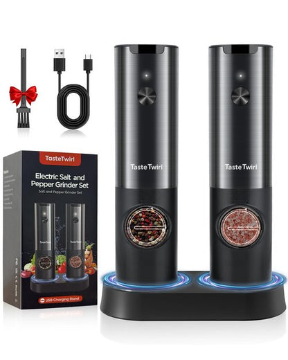 Electric Salt and Pepper Grinder Set, Upgraded USB Rechargeable Stand, Automatic Salt and Pepper Grinder Set, Salt and Pepper Shakers Refillable, One Hand Operation, Adjustable Coarseness, LED Light
