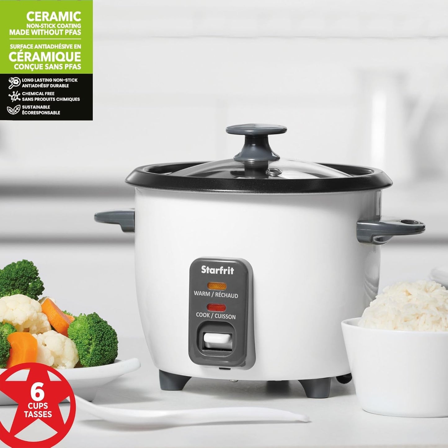 Starfrit Electric Rice Cooker - 6-Cup Capacity | Includes Steamer Basket & Measuring Cup - 300W Power