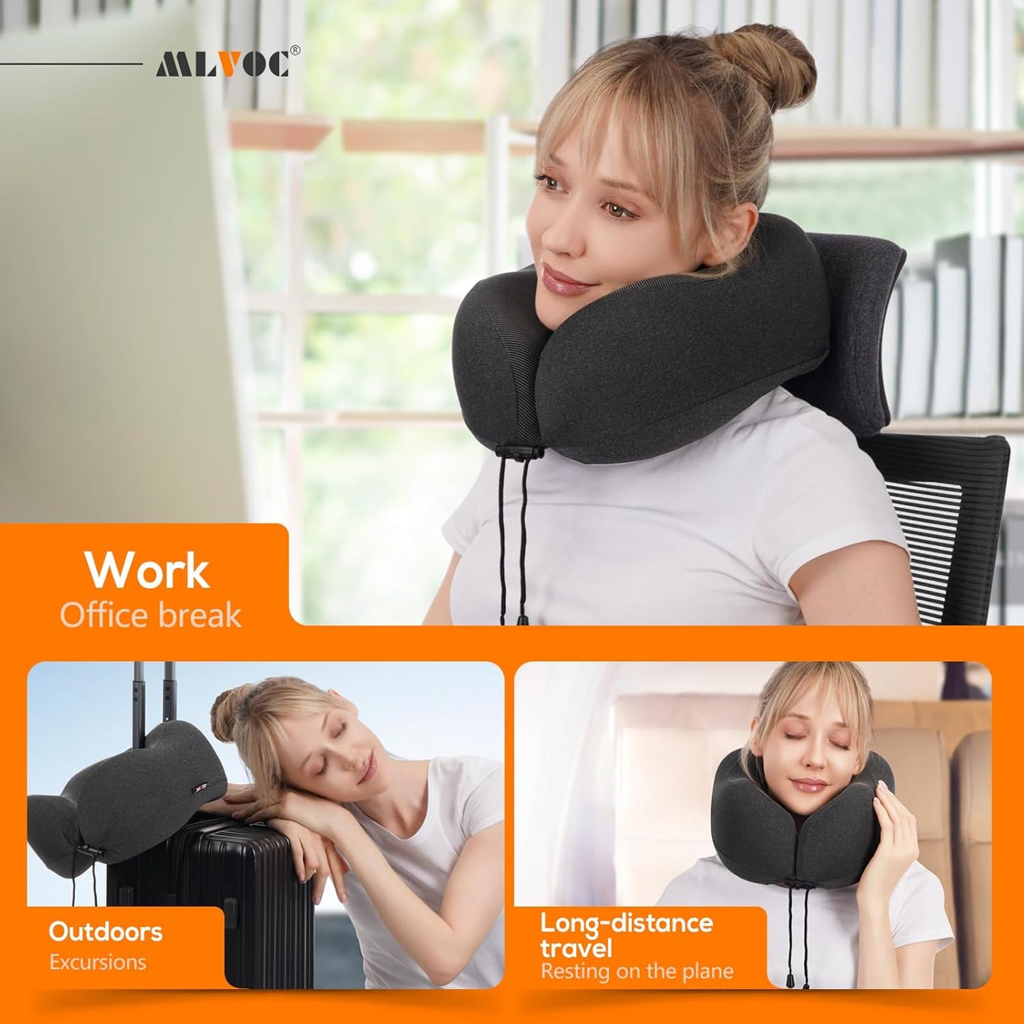 MLVOC Travel Neck Pillow - Upgraded 100% Pure Memory Foam for Airplane Comfort | Includes 3D Eye Mask & Earplugs, Black