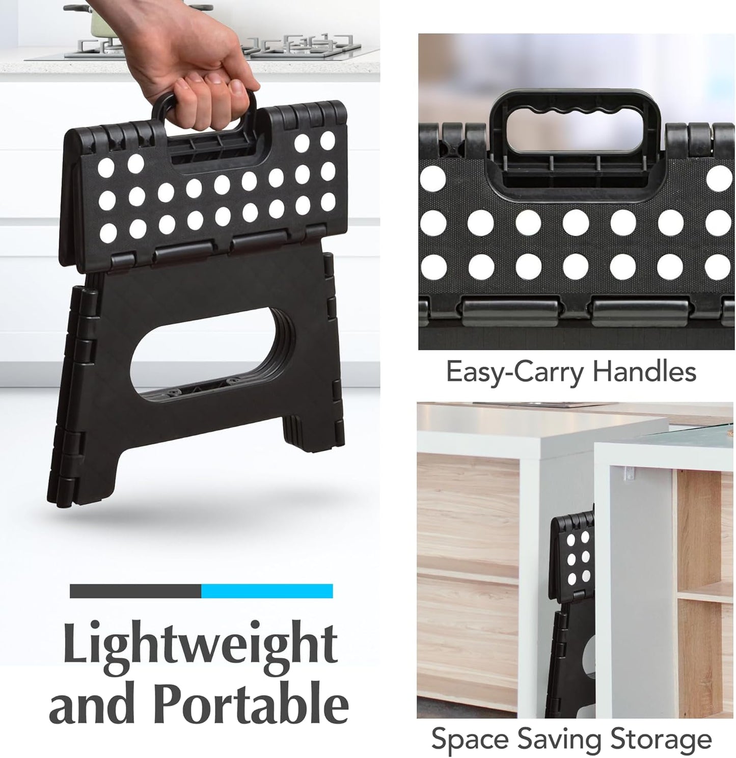 Skiennix Handy Laundry Folding Step Stool - Sturdy Collapsible Design for Adults & Kids | Easy One-Flip Operation - Black - 9 Inch