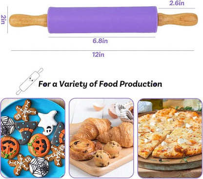 Koogel Rolling Pin - 12 Inch Non-Stick Silicone Surface with Wooden Handle | Perfect for Baking Pies, Pastries & Cookies