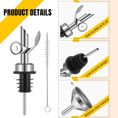 Tioncy 4 Pieces Weighted Stainless Steel Pourers Olive Oil Spout Olive Oil Dispenser Spout Automatic Opening and Closing with Funnel and Brush for Pouring Wine Syrup Kitchen(Silver)