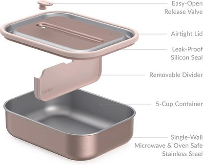 Bentgo MicroSteel Lunch Box - Leak-Proof, Microwave & Oven Safe, Bento-Style, Rose Gold