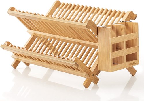 HBlife Bamboo Dish Rack - 2-Tier Collapsible Drainer with Utensil Holder Set | Space-Saving Design