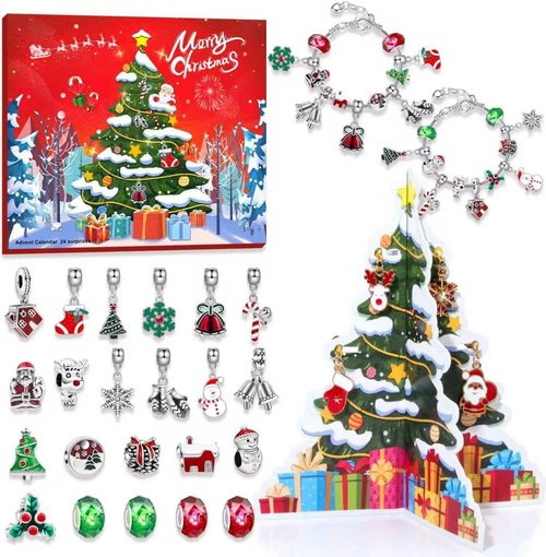 Advent Calendar 2025 | Kids' 24-Day Christmas Countdown with DIY Charm Beads & Bracelets - Red & Green
