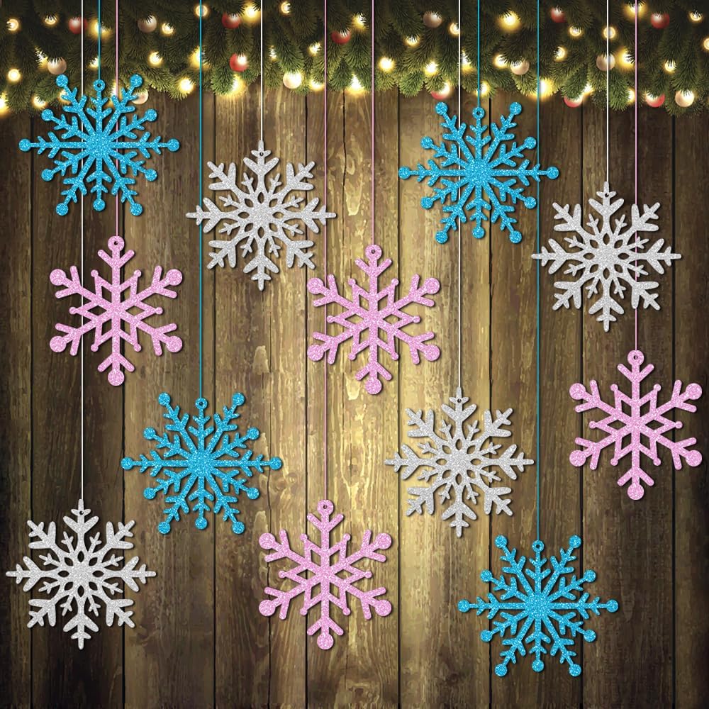 Skiennix Winter Snowflake Ornaments - Sparkly Ceiling Streamers for Holiday Decor | Glitter Pink & Blue
