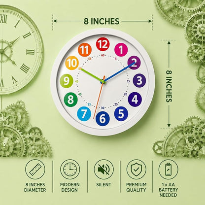 Vaulted Skulls & Co 8-Inch Silent Wall Clock – White & Multicolor, Battery-Operated Quartz