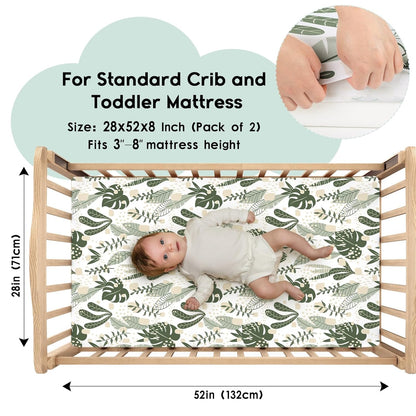 Yoofoss Fitted Baby Crib Sheets - Super Soft Microfiber 2-Pack for Standard Crib & Toddler Mattress | Green & Banana Leaves 28x52x8in