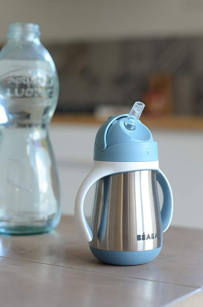 Beaba Stainless Steel Sippy Cup - Insulated, Spill-Proof Toddler Cup with Removable Handles | 8.5 oz, Rain