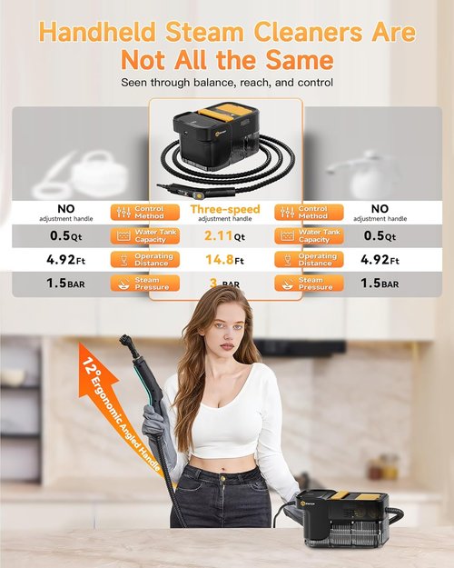 Gautye Steam Cleaner - Handheld Steamer with 3-Level Adjustable Handle & 18 Accessories | 2.11 Qt Tank