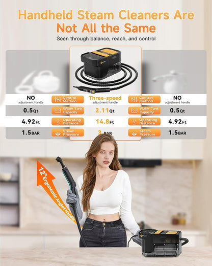 Gautye Steam Cleaner - Handheld Steamer with 3-Level Adjustable Handle & 18 Accessories | 2.11 Qt Tank
