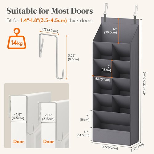Lifewit 6-Tier Over The Door Shoe Organizer - 11 Deep Pockets for Up to 12 Pairs - Gray Fabric Storage Solution