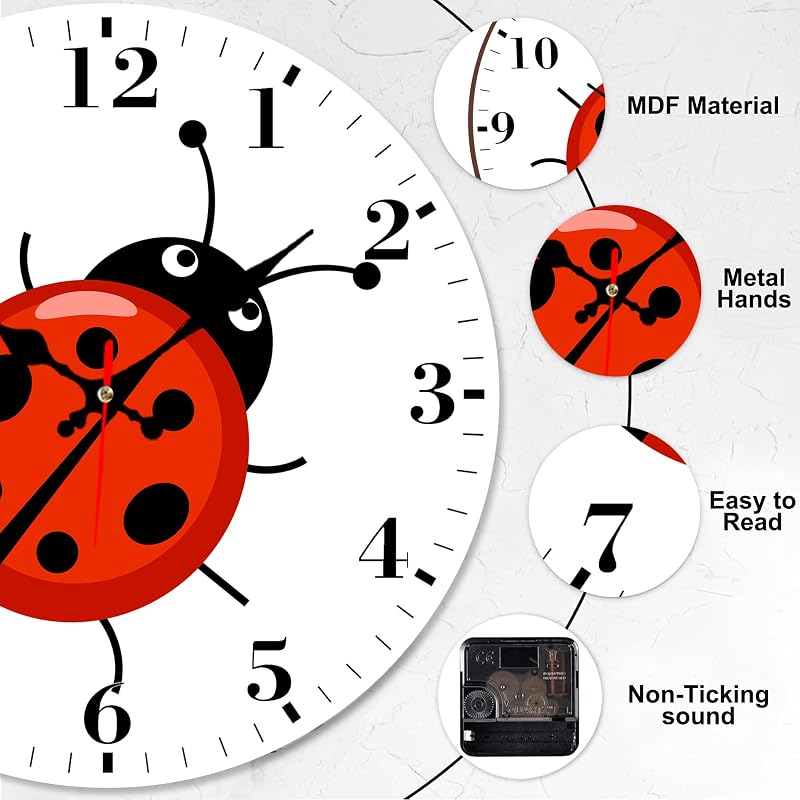 12" Silent Round Wall Clock with Cute Ladybug Design - Non-Ticking