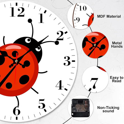 12" Silent Round Wall Clock with Cute Ladybug Design - Non-Ticking