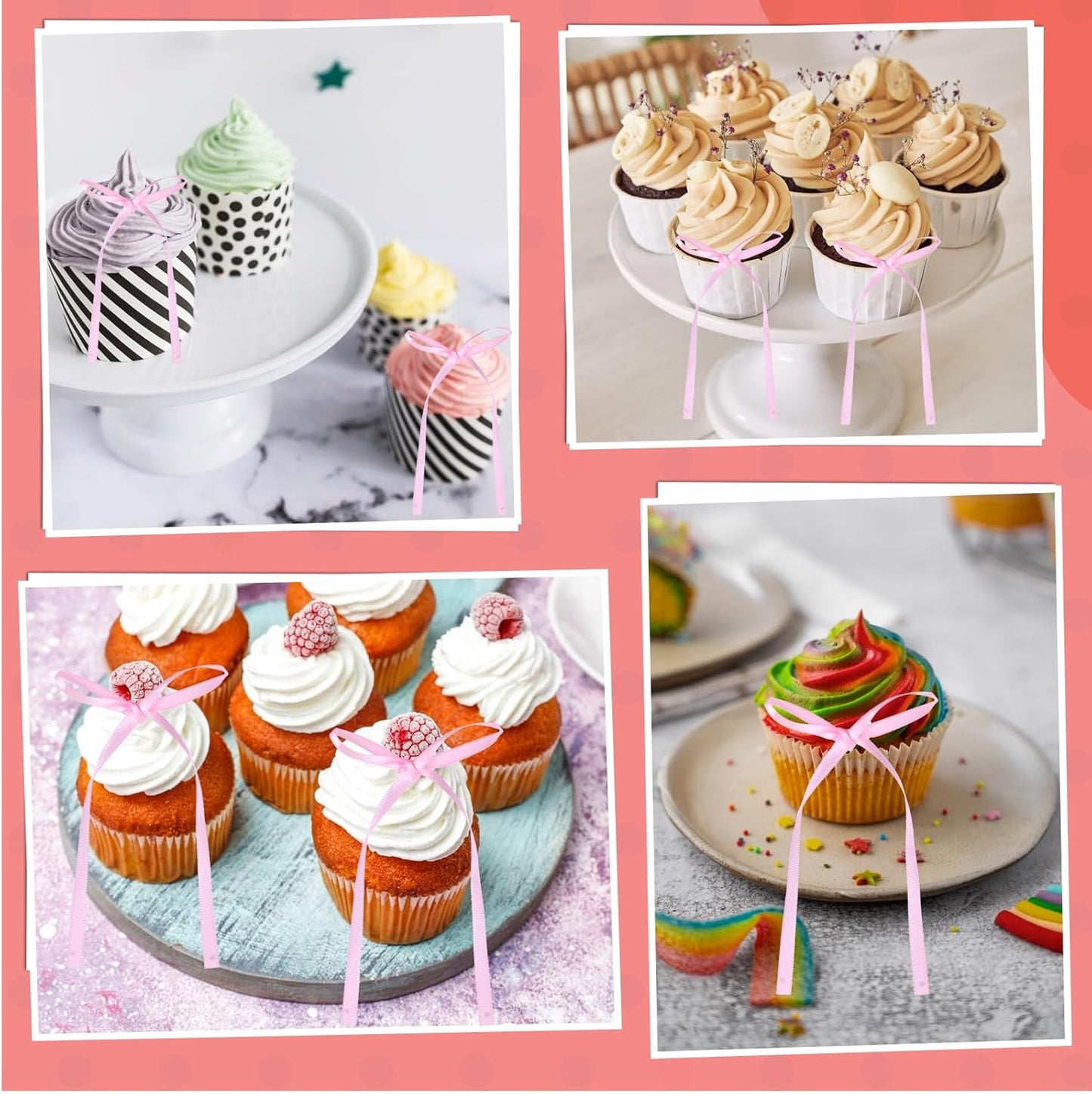 Skiennix 30Pcs Bow Cake Toppers - Pink Bowknot Decorations for Birthday & Wedding Parties