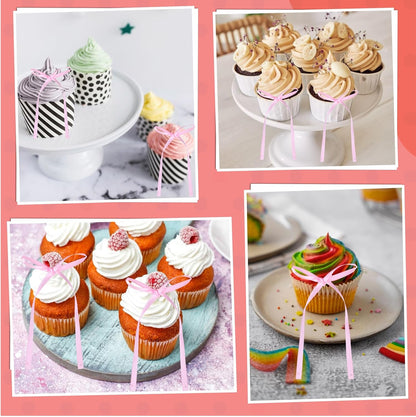 Skiennix 30Pcs Bow Cake Toppers - Pink Bowknot Decorations for Birthday & Wedding Parties