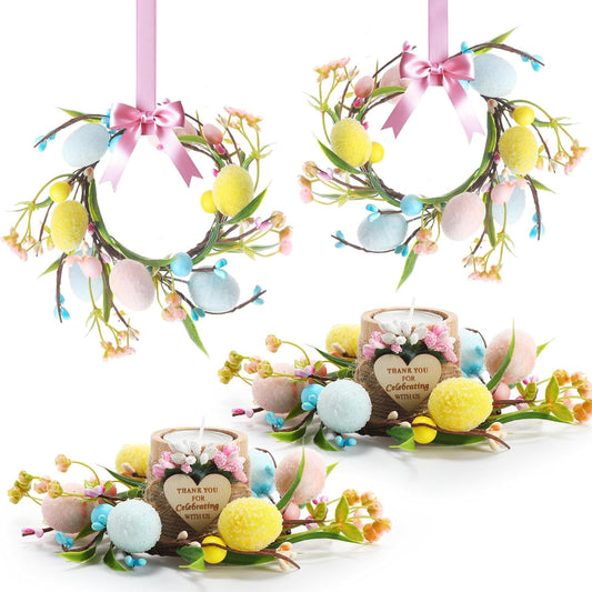 XunYee Easter Egg Candle Rings - 4 Pcs Mini Pastel Berry Floral Wreaths for Dining Table Decor