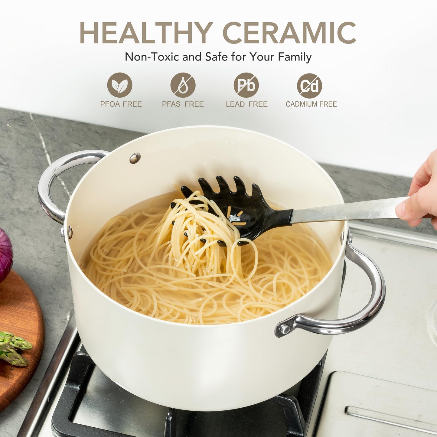 MICHELANGELO Stock Pot with Lid, 6 Quart Soup Pot with Lid for Cooking, Non Stick Ceramic Coating, Stainless Steel Handle, Induction Compatible, Cream