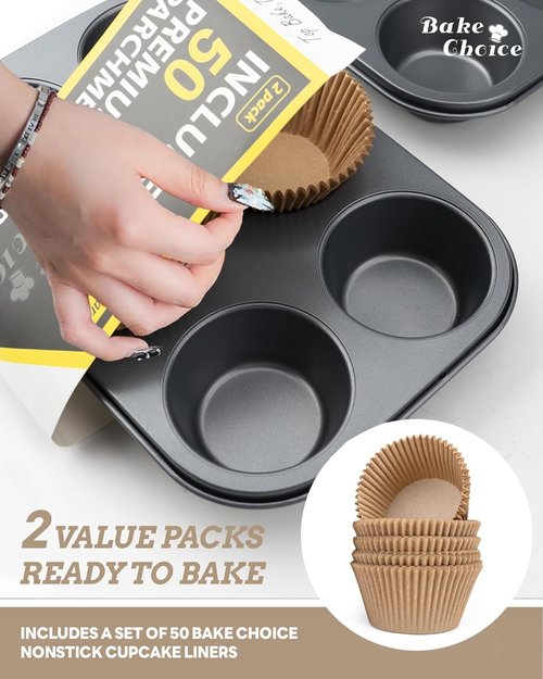 Bake Choice Jumbo Muffin Pan Set - Nonstick 6 Cup Design with 50 Natural Jumbo Cupcake Liners