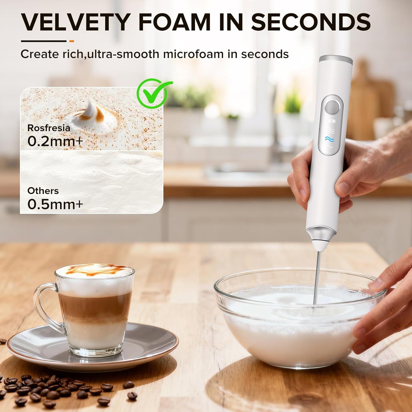 Skiennix Handheld Milk Frother - 3-Speed USB-C Rechargeable Wand with 3 Detachable Whisks | Perfect for Coffee, Latte, Cappuccino, Matcha & More (White)