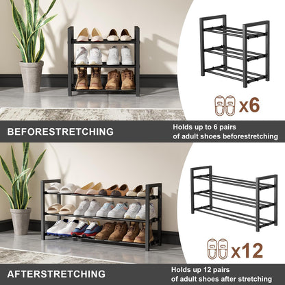 Skiennix 3-Tier Expandable Shoe Rack - Adjustable Heavy-Duty Metal Organizer for Entryway | Black