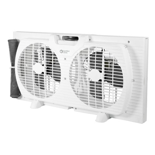 Comfort Zone 9-Inch 3-Speed Reversible Twin Window Fan – Dual Blade Window Exhaust Fan with Auto-Locking Expanders, 22.25" to 33" Wide – Tabletop Feet & Removable Bug Screen included