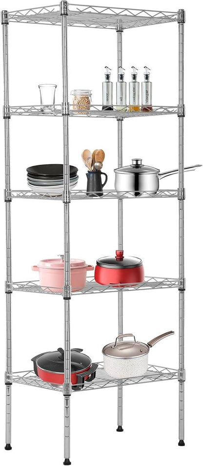 BestOffice 5-Tier Wire Storage Shelves - Heavy-Duty Metal | Adjustable Racks | Chrome Finish | 17x12x48 Inches | Holds Up to 750 lbs | Easy No-Tool Assembly for Home & Garage