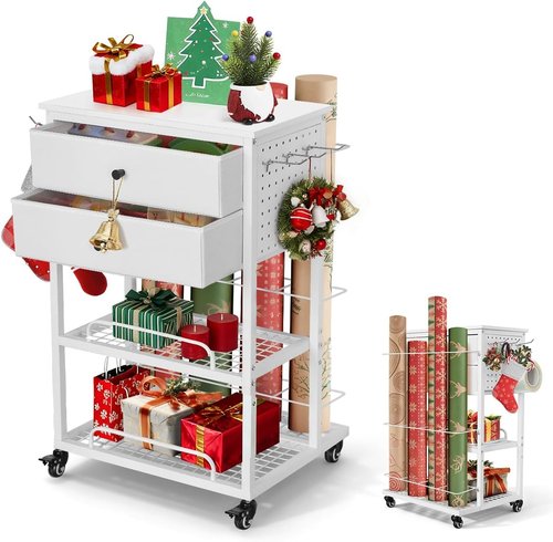 Christmas Wrapping Paper Organizer - Heavy-Duty Storage Cart with 2 Fabric Drawers for Ribbons & Crafts