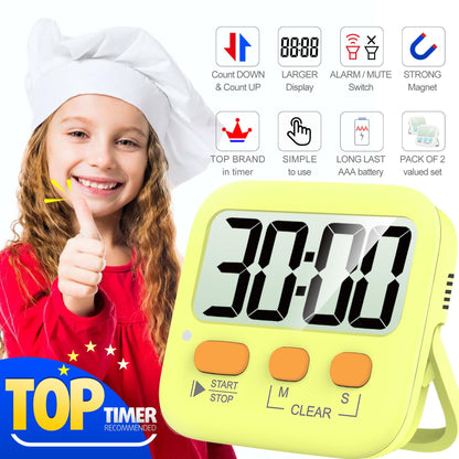 Antonki Timer, Timer for Kids, Kitchen Timers, Digital Timer for Cooking, Egg Timer, Classroom Timer for Teacher, Magnetic Countdown Timer for Exercise, Study, Oven - Battery Included - Pack of 2