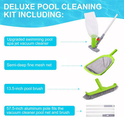 Sepetrel Deluxe Swimming Pool Cleaning Kit - Spa Jet Vacuum, Brush & 57.5-Inch Adjustable Pole for Above Ground Pools