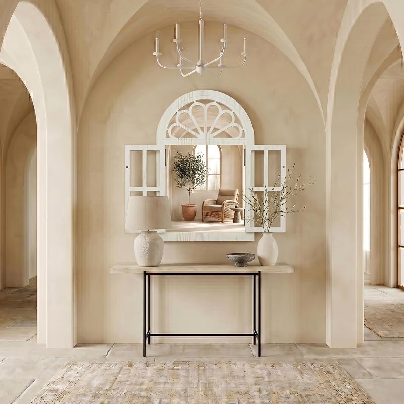 Arched Window Mirror with Petal Top - Farmhouse Wall Decor, 24" x 36" White