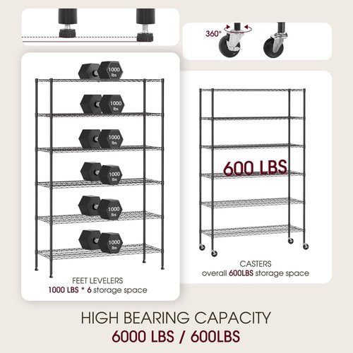 BestOffice 6-Tier Wire Storage Shelves - Heavy-Duty Adjustable Racks with Wheels | 48x18x77 | Black | Easy No-Tool Assembly